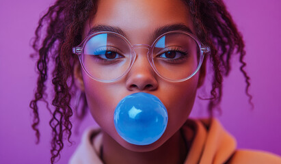 Wall Mural - A woman with curly hair is blowing bubbles with a blue bubblegum. The image has a fun and playful mood, as the woman is enjoying a simple and lighthearted activity