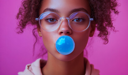 A woman with curly hair is blowing bubbles with a blue bubblegum. The bubblegum is in her mouth and she is wearing glasses. The image has a playful and fun mood