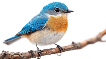 Wall Mural - Bluebird with spread wings on a branch, white background