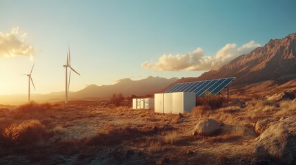 The scene showcases a renewable energy microgrid, featuring solar panels and wind turbines, surrounded by a vast desert landscape during a vibrant sunset