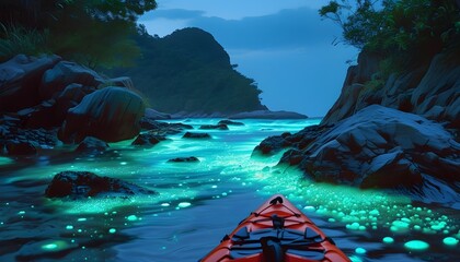 Kayaking through a bioluminescent bay surrounded by glowing rocks and vibrant marine plankton on a tropical summer night