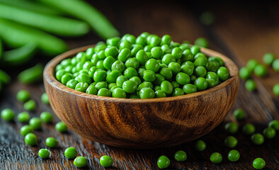 Wall Mural - A bowl of green peas is on a wooden table