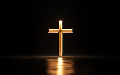 A simple cross illuminated by light on a black background, a Christian symbol, with space for text or design Generative AI