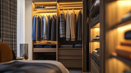 A wardrobe in a stylish, modern bedroom, with clothes organized by color and type, creating a cohesive, visually appealing space.