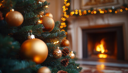 Wall Mural - A Christmas tree with gold ornaments and pine cones is lit up by a fireplace. The warm glow of the fire and the festive decorations create a cozy and inviting atmosphere