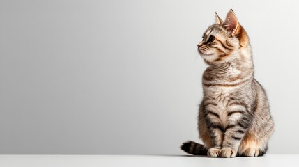 A tabby cat sits calmly on a minimalist background, looking to the side. Perfect for pet, animal, and lifestyle themes.