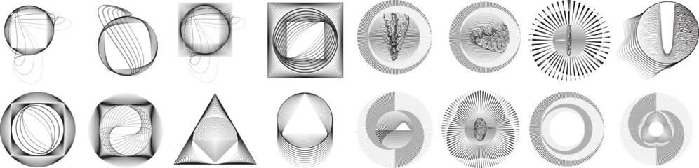 Shapes with rotating lines in various forms for modern design . Vector design elements .Vector round logo collection . Decorative geometric figures and shapes. Set of lines art.