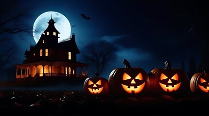 halloween horror scene creepy pumpkins spooky haunted mansion evil house night full moon