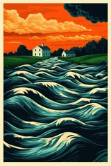 Wall Mural - A painting of a body of water with a house in the background