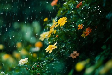 Wall Mural - A lush garden drenched in rain, with drops clinging to vibrant green leaves and petals 