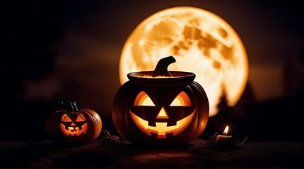 happy halloween graphic pumpkins bats cauldron full moon