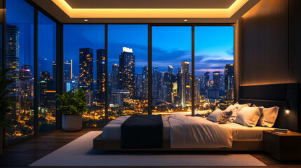 A modern bedroom with a big, comfortable bed and large windows that show a beautiful city at night. It looks like a fancy hotel room.