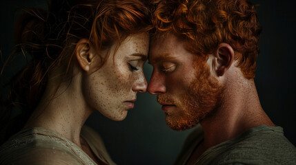 A red-haired man and woman with closed eyes standing opposite each other touching their heads.