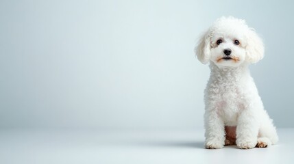 Adorable white fluffy dog sitting against a light blue background, looking curious and cute.