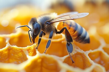 Wall Mural - A honeybee diligently works on a honeycomb, bathed in soft natural light.