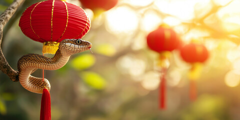 Wooden snake against the background of traditional Chinese lanterns. Year of the Wooden Snake. Chinese New Year 2025