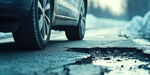 Close up of a car tire passing a pothole in the road. Cracks in the asphalt, danger of an accident