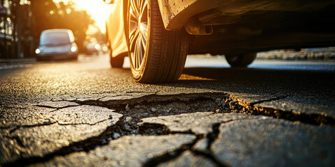 Close up of a car tire passing a pothole in the road. Cracks in the asphalt, danger of an accident