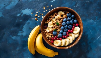 Vibrant acai bowl with banana, granola, and blueberries on dark stone, promoting healthy organic breakfast and superfood eating lifestyle