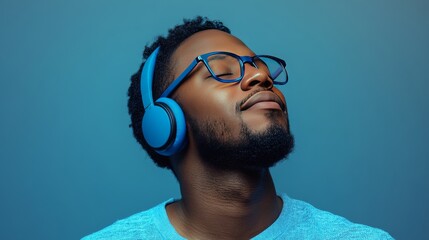 Calm African American male in glasses, blue headphones on, blissfully listening to music with eyes closed. Happy Black man in spectacles, enjoying his radio, isolated on a grey studio background.