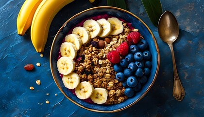 vibrant acai bowl with banana, granola, and blueberries on dark stone, promoting healthy organic bre