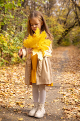 Wall Mural - Portrait of a beautiful little blonde girl in a yellow dress in an autumn park holding a bouquet of maple leaves.