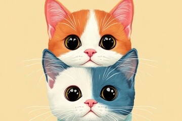 Poster - Two Cats with Big Eyes Stacked on Top of Each Other