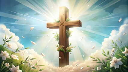 Wall Mural - A wooden cross in a field among flowers on a background of a blue sky on a sunny day