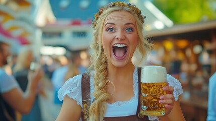 Wall Mural - A cheerful woman in a festive outfit smiles broadly while raising a beer mug