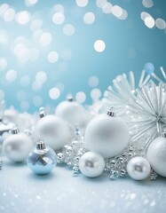 Wall Mural - Many white and blue ornaments on a table, christmas background