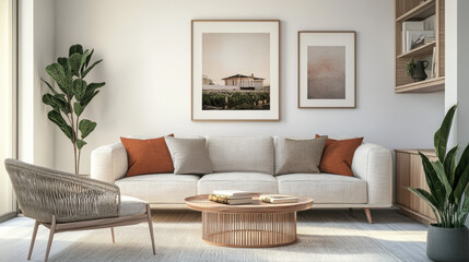 Wall Mural - A realistic 3D image of a poster hanging on a living room wall. It shows a modern living room with a house in the background. The poster is the size of a standard A paper.