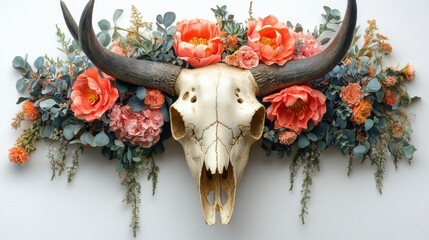 Wall Mural - Bull skull with flowers on white background