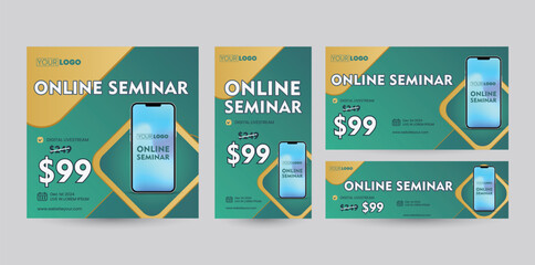 Bundle set of social media template designs with various ratio orientations from portrait to landscape package. Yellow and green banner design with smart phone mockup and price placement.