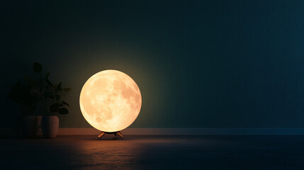 A round lamp, shaped like a full moon, casts a bright light on the dark wall.