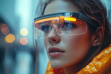 Woman in a futuristic city interacts with AR glasses, showcasing technology.