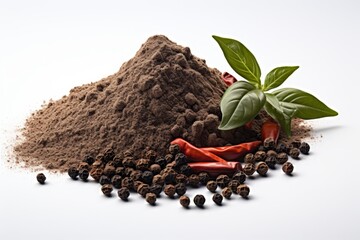 Close up of black pepper with powder isolated on white background, asian organic herbs and spices concept, natural organic healthy plant.