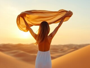 Wall Mural - A woman is standing in the desert with a scarf around her head