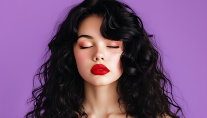 Retro beauty portrait of curly brunette girl with bold red lipstick and closed eyes against a vibrant purple background, embodying 90s fashion and elegance for Womens Day.