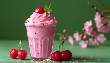 Wall Mural - Retro pink milkshake topped with whipped cream and cherry, set against a vibrant green background, evoking sweet 90s vibes for Valentines Day celebration.