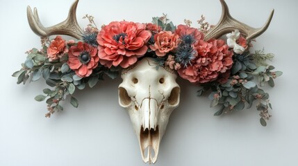 Wall Mural - Deer skull with floral arrangement on white background