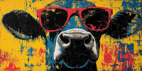 Wall Mural - A close-up of a cow wearing red sunglasses, set against a bright yellow and blue background.