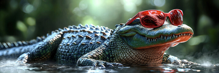 Sticker - A cool alligator wearing red sunglasses basking in the sun.