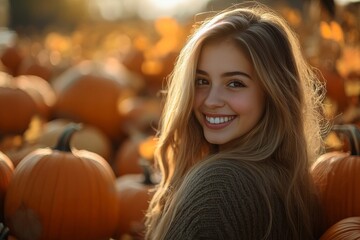 a young woman's beaming smile lights up the autumn landscape, as she stands among a bounty of pumpkins and fall leaves