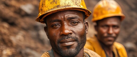 Close-up Portrait of a Hardworking Miner in a Yellow Hard Hat