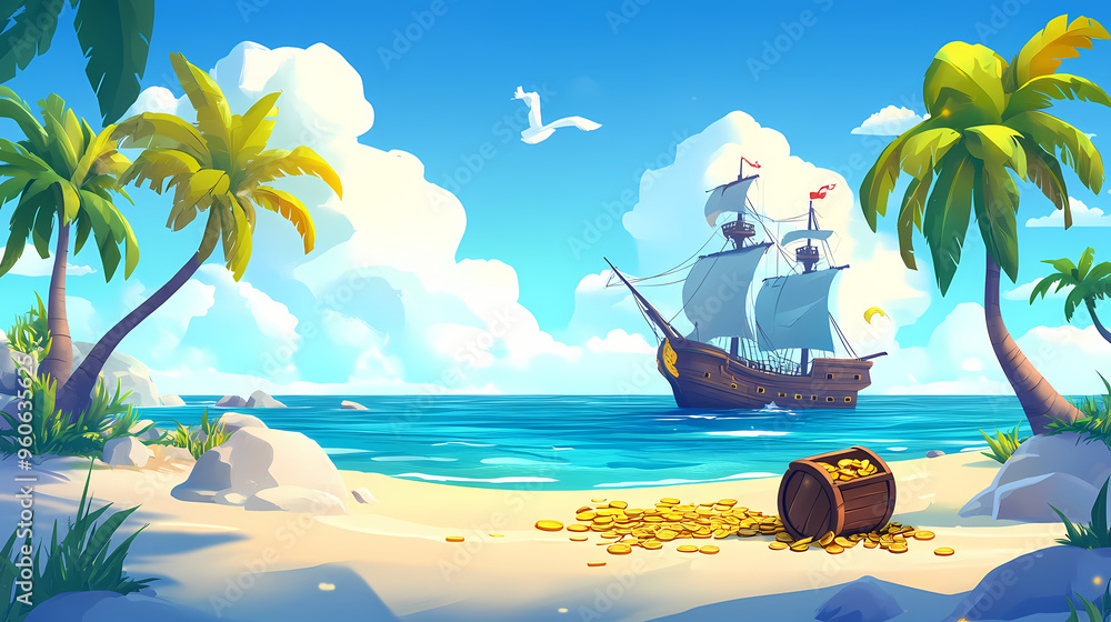 Modern cartoon seascape with broken pirate ship and treasure chest on ...