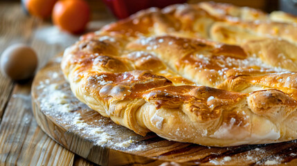 Homemade crusty bakery pie on a wooden serving board Traditional recipe Sweet dessert Dough pastry Fresh breakfast Culinary gourmet Golden texture Healthy tasty snack Food preparation Flour ingredient