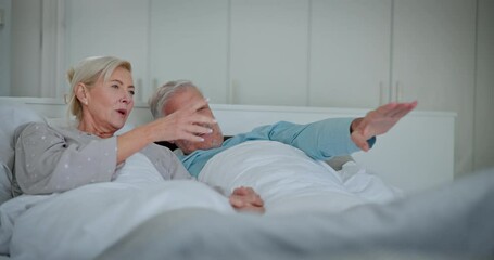 Poster - Mature couple, bed and watching with chat, morning and marriage with commitment. Talking, retirement care and health relationship in home with discussion in bedroom with happy people and love