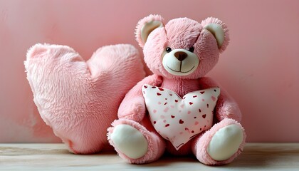 Tender love with a soft pink teddy bear and heart-shaped pillow in gentle pastel hues for Valentines Day decorations