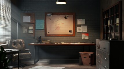 Detective office interior with evidence board on wall 