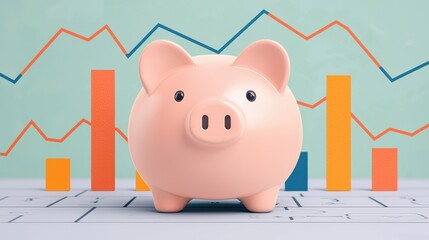 Wall Mural - A piggy bank is shown with a graph of stock market trends